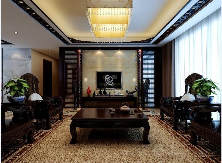 三亚海棠顺泽福湾别墅中式复古客厅家具中式电视墙吸顶灯效果图
